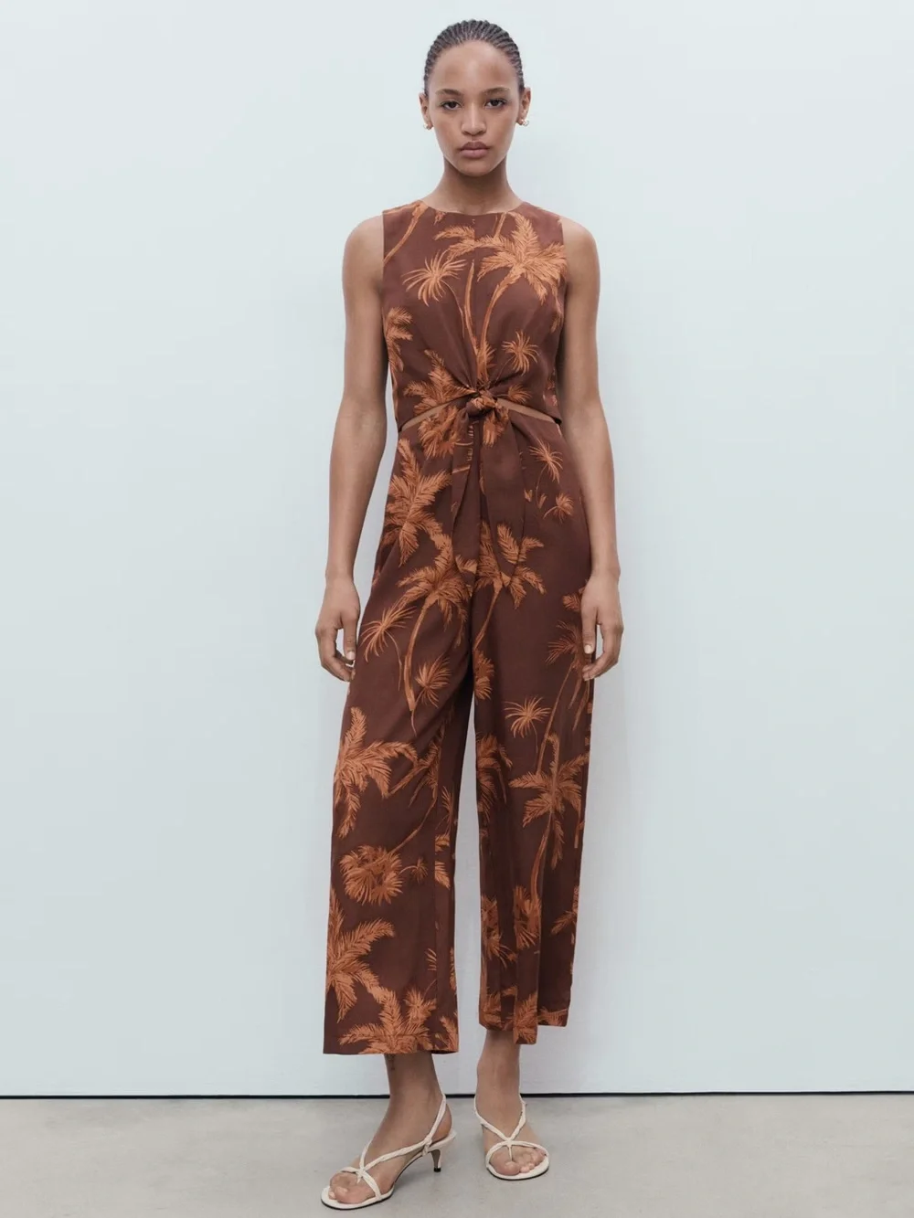 Mango Brown Palm-Print jumpsuit with cut-out and knot detail NWT
